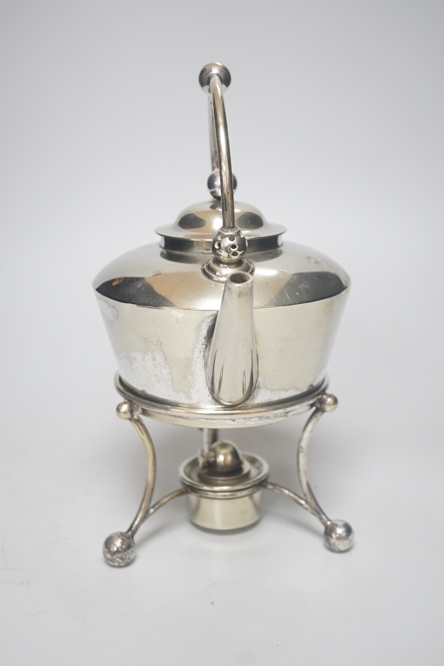 A Dresser style electroplate tea kettle, burner and stand